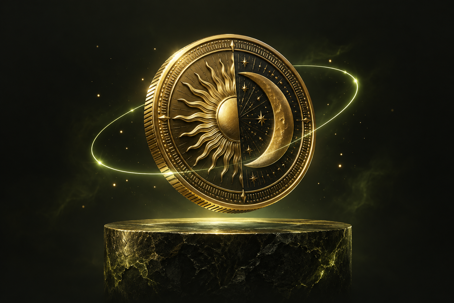 A gold sun-and-moon coin floating above a dark pedestal, surrounded by a luminous orbit